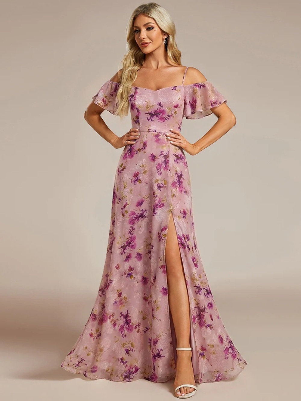 🆕 Stylish Cold Shoulder Flare Sleeves Flowy Bridesmaid Dress